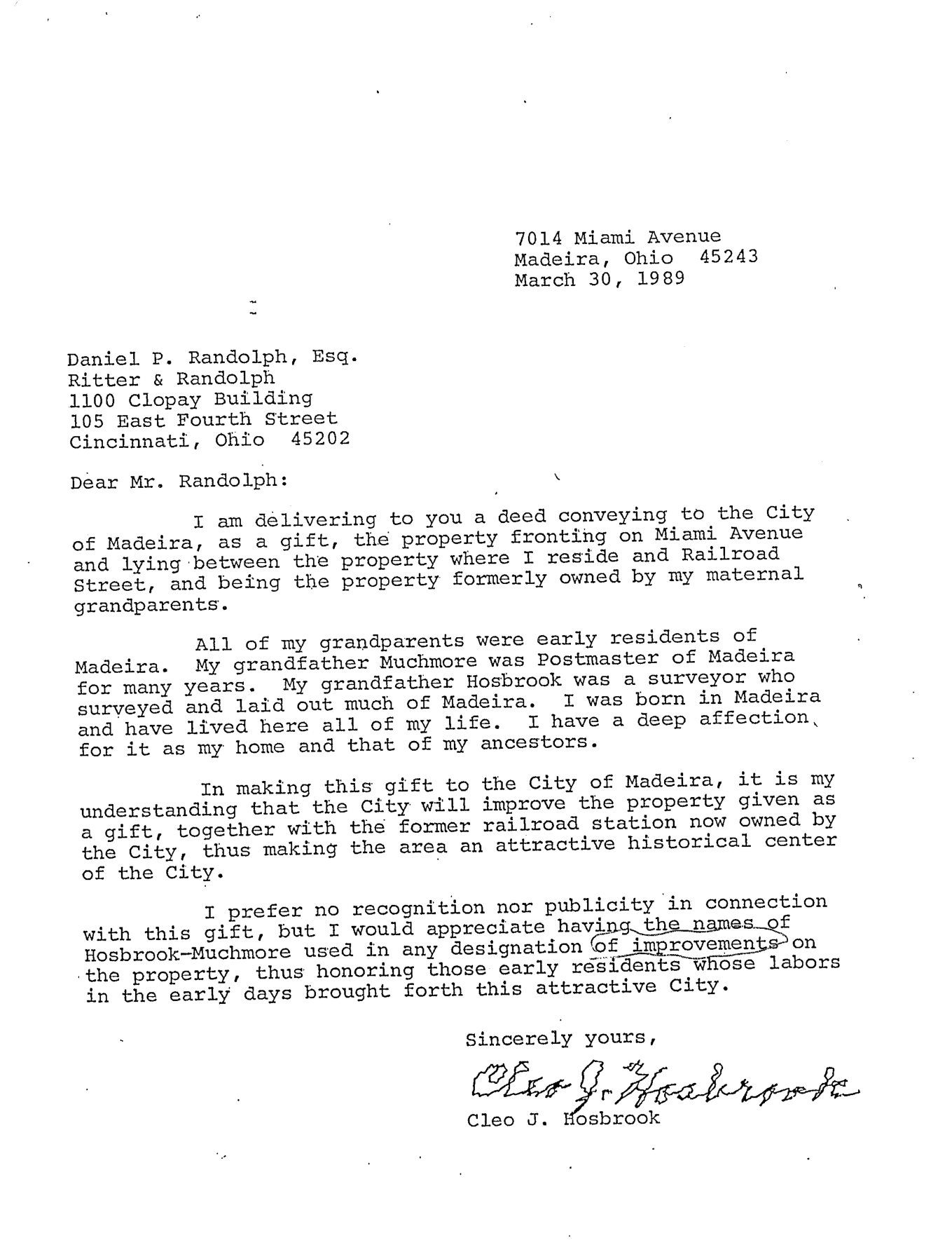Cleo J. Hosbrook's typewritten letter of March 30, 1989, conveying the gift of the properties to the City of Madeira.