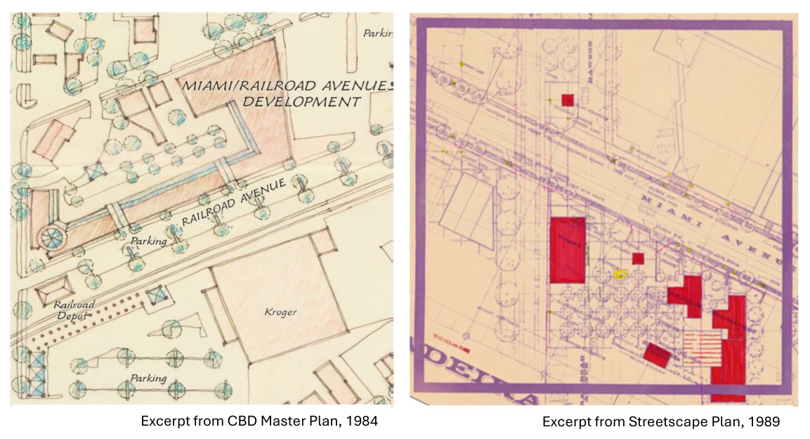 Excerpts from the 1984 CBD Master Plan and the 1989 Streetscape Plan showing planned redevelopment at Miami and Railroad Avenues.